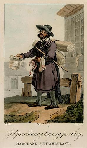 J.P. Norblin, Żyd przedający towary po ulicy (Marchand juiv ambulans), ok. 1800 r., litografia barwna. Muzeum Narodowe w Poznaniu