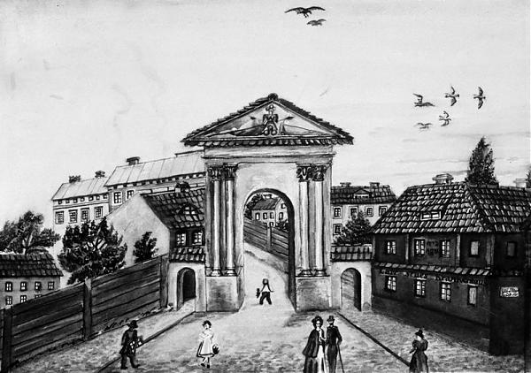 Stary budynek szpitala dla ubogich fundacji S.B. Latza, przy narożniku ul. Stawnej i Wronickiej, zaginiona akwarela z lat 1837-1845, Muzeum Historii Miasta Poznania. Oddział Muzeum Narodowego w Poznaniu