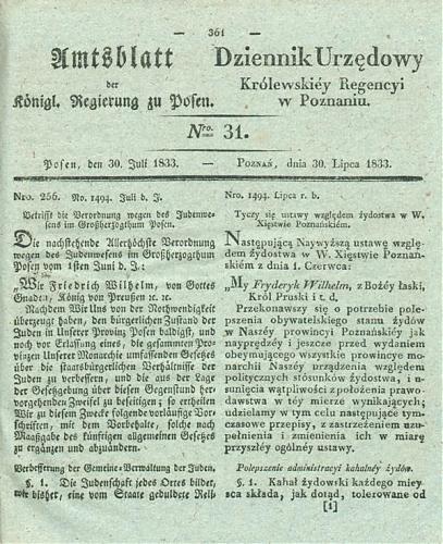 Strona tytułowa Dziennika Urzędowego Królewskiej Regencji w Poznaniu, nr 31 z dnia 30 lipca 1833, zawierająca obwieszczenie o wprowadzeniu Tymczasowego Zarządzenia względem Żydostwa w Wielkim Księstwie Poznańskim, ze zbiorów Biblioteki Głównej UAM.