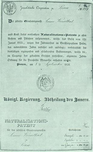 Patent naturalizayjny Simona Kronthala z 1834 r. reprodukcja z A. Kronthal, Aus einem jüdisches Leben des vorgien Jahrhunderts, Jüdische Familien-Forschung, 1931, s. 274; ze zbiorów Biblioteki Głównej UAM.