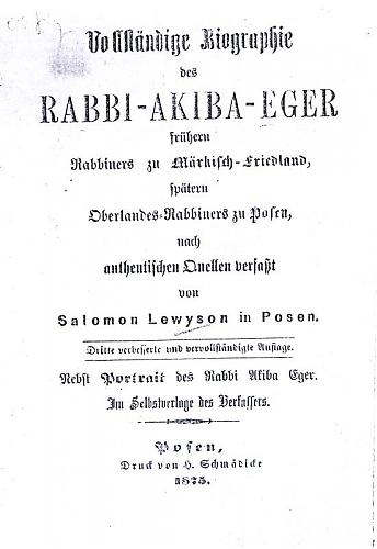 Strona tytułowa biografii rabina Akivy Egera napisanej przez Salomona Levysona