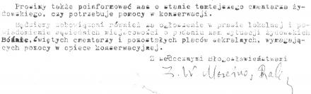 Fragment listu Rabina Morejno do lokalnych władz w sprawie ochrony żydowskich cmentarzy